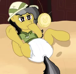 Size: 1200x1165 | Tagged: artist:oliver-england, daring do, derpibooru import, diaper, diaper fetish, diapering, fetish, hypnosis, lying down, medallion, on back, solo, suggestive
