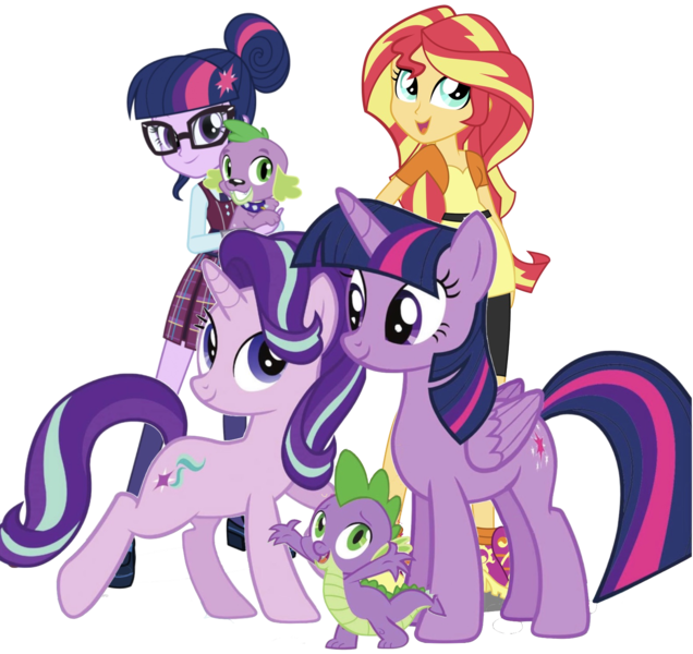 Size: 1581x1492 | Tagged: safe, derpibooru import, editor:superbobiann, sci-twi, spike, spike the regular dog, starlight glimmer, sunset shimmer, twilight sparkle, twilight sparkle (alicorn), alicorn, dog, equestria girls, doggy dragondox, simple background, transparent background, twolight