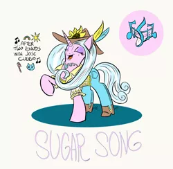 Size: 1024x998 | Tagged: safe, artist:lytlethelemur, derpibooru import, oc, oc:sugar song, pony, unicorn, hat, music notes, raised hoof, roleplaying is magic, simple background, singing, solo, white background