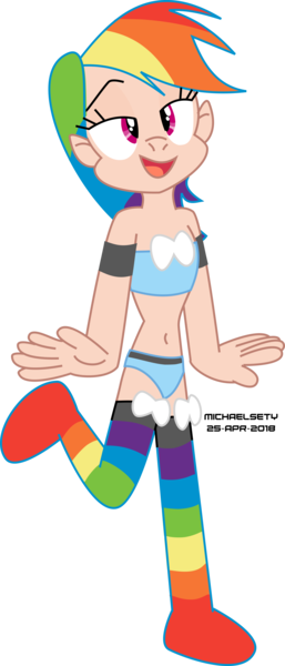 Size: 3500x8186 | Tagged: artist:michaelsety, bandeau, belly button, blue underwear, bra, clothes, derpibooru import, human, humanized, panties, rainbow dash, rainbow socks, ribbon, safe, simple background, socks, solo, striped socks, transparent background, underwear