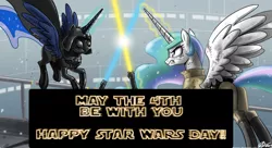 Size: 1024x558 | Tagged: artist:caticornqueen00, artist:johnjoseco, darth vader, derpibooru import, luke skywalker, may the fourth be with you, princess celestia, princess luna, safe, star wars