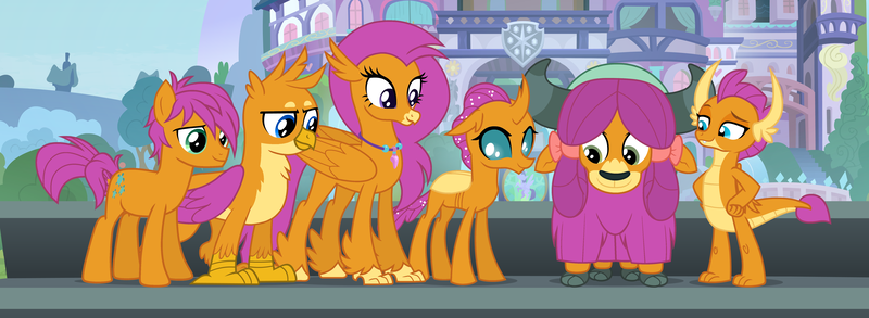 Size: 6000x2195 | Tagged: safe, derpibooru import, edit, edited screencap, screencap, gallus, ocellus, sandbar, silverstream, smolder, yona, changedling, changeling, classical hippogriff, dragon, earth pony, gryphon, hippogriff, pony, yak, school daze, cloven hooves, dragoness, female, lidded eyes, male, palette swap, raised eyebrow, recolor, smiling, smirk, student six, teenager, wat