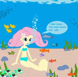 Size: 920x914 | Tagged: suggestive, artist:egskinnydippers101, derpibooru import, edit, fluttershy, fish, human, equestria girls, 1000 hours in ms paint, barefoot, belly button, bikini, blowing bubbles, breathplay, bubble, clothes, cute, feet, gurgling, kelp, midriff, ms paint, rock, show accurate, soles, swimsuit, toes, underfoot, underwater, watershy