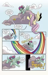 Size: 1024x1583 | Tagged: safe, artist:lytlethelemur, derpibooru import, fluttershy, rainbow dash, oc, oc:gimbal lock, bird, pegasus, pony, comic:on the job with gimbal lock, littlepartycomics, cloud, comic, fail, roleplaying is magic