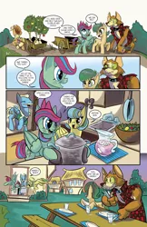 Size: 1024x1583 | Tagged: safe, artist:lytlethelemur, derpibooru import, applejack, oc, oc:gimbal lock, oc:mutt, oc:nutmeg, oc:sabers crossed, diamond dog, earth pony, pegasus, pony, comic:on the job with gimbal lock, littlepartycomics, apple, apple tree, comic, food, picnic table, plates, ponyville, roleplaying is magic, table, tree