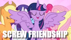 Size: 1000x563 | Tagged: safe, derpibooru import, edit, edited screencap, screencap, applejack, fluttershy, pinkie pie, rainbow dash, rarity, twilight sparkle, alicorn, fame and misfortune, flawless, image macro, mane six, meme, twilight sparkle (alicorn)