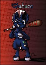 Size: 905x1280 | Tagged: safe, artist:calena, derpibooru import, oc, oc:shabaco, unofficial characters only, pony, unicorn, abstract background, baseball bat, ear fluff, fluffy, signature, simple background, solo, standing up, underhoof