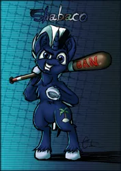 Size: 905x1280 | Tagged: safe, alternate version, artist:calena, derpibooru import, oc, oc:shabaco, unofficial characters only, pony, unicorn, abstract background, baseball bat, ear fluff, fluffy, signature, simple background, solo, standing up, underhoof, unshorn fetlocks