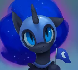 Size: 750x673 | Tagged: safe, artist:rodrigues404, derpibooru import, nightmare moon, alicorn, pony, cute, ethereal mane, female, filly, flag, gradient background, helmet, looking at you, mare, moonabetes, nightmare woon, solo, starry mane
