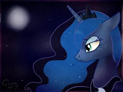 Size: 1024x768 | Tagged: safe, artist:breathly, derpibooru import, princess luna, pony, unicorn, bedroom eyes, eyeshadow, female, makeup, mare, melancholy, moon, nebula, solo, stars