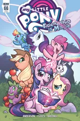 Size: 1032x1566 | Tagged: alicorn, angel bunny, apple, applejack, artist:pedro delgado, book, cover, derpibooru import, fluttershy, food, idw, mane seven, mane six, pinkie pie, rainbow dash, rarity, rock, safe, spike, spoiler:comic66, straw in mouth, tree, twilight sparkle, twilight sparkle (alicorn)