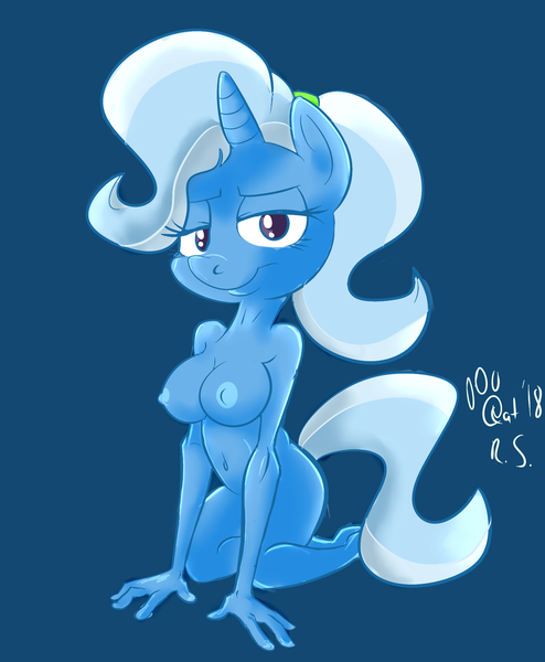 Size: 1470x1784 | Tagged: questionable, artist:catlion3, derpibooru import, trixie, anthro, plantigrade anthro, unicorn, belly button, blue background, breasts, busty trixie, digital art, female, looking at you, mare, nipples, nudity, seductive pose, signature, simple background, solo, solo female, sultry pose