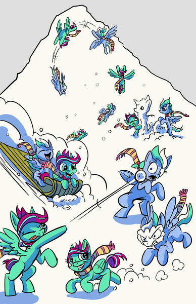 Size: 6600x10200 | Tagged: safe, artist:lytlethelemur, derpibooru import, oc, oc:gimbal lock, oc:rally point, unofficial characters only, pony, comic:fly with me, littlepartycomics, absurd resolution, comic, cute, female, filly, flying, mountain, roleplaying is magic, sibling bonding, sledding, snow, snowball fight, snowpony