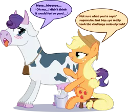 Size: 2462x2152 | Tagged: safe, artist:blupolicebox, derpibooru import, applejack, rarity, cow, earth pony, pony, aftermath, ahegao, bedroom eyes, bell, blushing, bucket, cowbell, cowified, dialogue, duo, duo female, female, female orgasm, floppy ears, grin, high res, implied lesbian, implied rarijack, implied shipping, lesbian, looking at each other, looking back, looking forward, milk, milking, moo, open mouth, orgasm, raricow, show accurate, simple background, sitting, smiling, species swap, speech bubble, speech change, stool, tongue out, transformed, transparent background, udder
