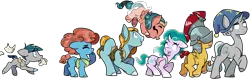 Size: 9000x3000 | Tagged: safe, artist:heyerika, derpibooru import, flash magnus, meadowbrook, mistmane, rockhoof, somnambula, star swirl the bearded, stygian, earth pony, pegasus, pony, unicorn, shadow play, armor, colored hooves, colt, female, filly, flying, hat, helmet, male, mouth hold, pillars of equestria, simple background, transparent background, younger