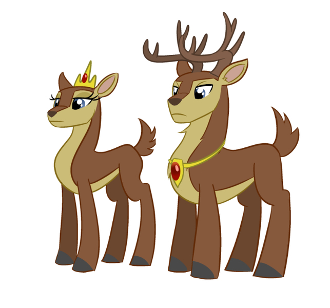 Size: 800x746 | Tagged: artist:mister-saugrenu, crown, deer, derpibooru import, doe, duo, female, jewelry, male, necklace, oc, regalia, safe, simple background, stag, tiara, unofficial characters only, white background