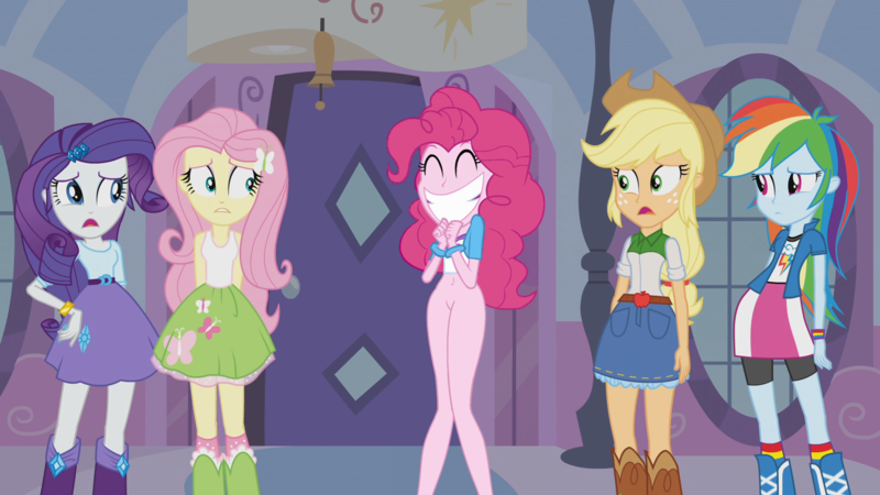 Size: 1920x1080 | Tagged: questionable, artist:amcaptainme, derpibooru import, edit, edited edit, edited screencap, editor:slayerbvc, screencap, applejack, fluttershy, pinkie pie, rainbow dash, rarity, equestria girls, equestria girls (movie), bottomless, clothed female nude female, clothes, compression shorts, featureless crotch, female, grin, humane five, partial nudity, partial nudity edit, smiling