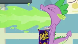 Size: 1280x720 | Tagged: safe, derpibooru import, edit, edited screencap, screencap, spike, secret of my excess, fire, fire breath, food, snack, snacks, spicy, takis