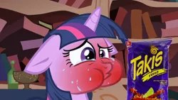 Size: 1280x720 | Tagged: derpibooru import, edit, edited screencap, floppy ears, food, friendship is magic, golden oaks library, red face, safe, screencap, snack, snacks, solo, spicy, takis, twilight sparkle