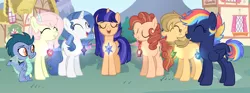 Size: 2544x951 | Tagged: safe, artist:darlyjay, derpibooru import, oc, oc:apple jenn, oc:crystal crown, oc:dark lightning, oc:lucky cookie, oc:opposity flower, oc:startail sentry, unofficial characters only, dragon, earth pony, hybrid, pegasus, pony, unicorn, elements of harmony, female, interspecies offspring, mare, offspring, parent:applejack, parent:caramel, parent:cheese sandwich, parent:discord, parent:fancypants, parent:flash sentry, parent:fluttershy, parent:pinkie pie, parent:rainbow dash, parent:rarity, parent:soarin', parent:twilight sparkle, parents:carajack, parents:cheesepie, parents:discoshy, parents:flashlight, parents:raripants, parents:soarindash, ponyville