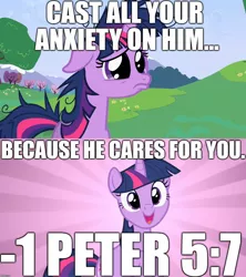 Size: 1280x1440 | Tagged: 1 peter, adorable face, anxiety, bible, bible verse, christianity, cute, derpibooru import, happy, image macro, meme, religion, safe, stressed, twilight sparkle