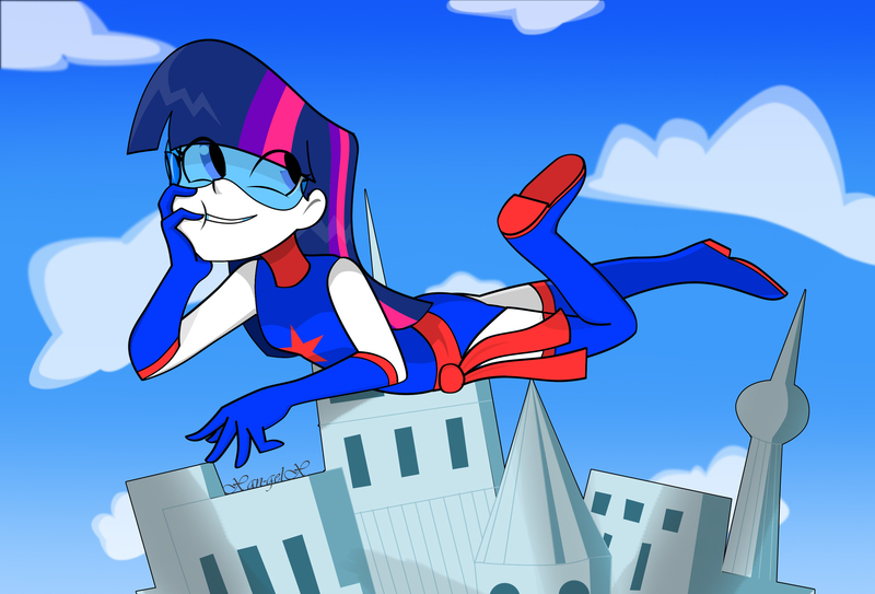 Size: 2948x2002 | Tagged: safe, artist:xan-gelx, derpibooru import, twilight sparkle, twilight sparkle (alicorn), equestria girls, clothes, female, heroine, human coloration, magic gaia, skyscraper, solo, superhero, visor