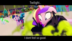 Size: 1920x1080 | Tagged: alicorn, artist:danmur15, avengers: infinity war, derpibooru import, edit, edited screencap, floppy ears, i don't feel so good, infinity war, meme, movie, my little pony: the movie, princess cadance, safe, screencap, spoilers for another series, subtitles, twilight sparkle, twilight sparkle (alicorn)