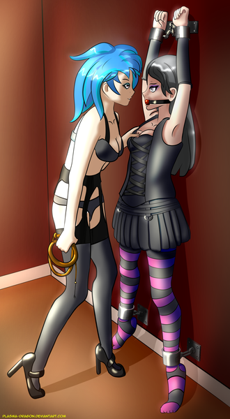 1373324 - suggestive, artist:plasma-dragon, derpibooru import, octavia  melody, vinyl scratch, human, ballgag, bondage, breasts, chained, clothes,  female, femdom, femsub, gag, humanized, lesbian, scratchtavia, shipping,  smiling, socks, striped socks