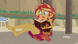 Size: 1200x675 | Tagged: suggestive, derpibooru import, edit, edited screencap, editor:grapefruitface, screencap, sunset shimmer, equestria girls, equestria girls series, forgotten friendship, barefoot, beach, book, clothes, feet, fetish, foot fetish, sand, sarong, solo, swimsuit