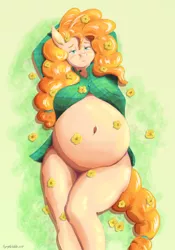 Size: 895x1280 | Tagged: suggestive, artist:symplefable, derpibooru import, pear butter, anthro, earth pony, belly, belly button, big belly, blushing, breasts, clothes, explicit source, female, flannel, flower, panties, pregnant, shirt, solo, solo female, underwear