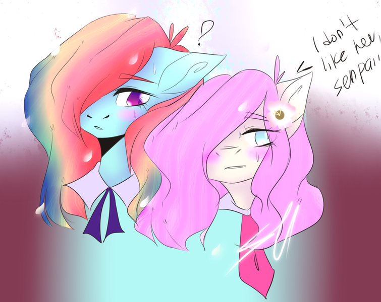 Size: 1024x814 | Tagged: safe, artist:okimichan, artist:sileentdo, derpibooru import, fluttershy, rainbow dash, pony, bust, necktie, portrait, senpai