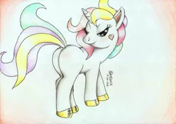 Size: 2335x1651 | Tagged: suggestive, artist:3500joel, derpibooru import, oc, unofficial characters only, pony, unicorn, butt, female, looking at you, looking back, looking back at you, plot, solo, solo female, traditional art