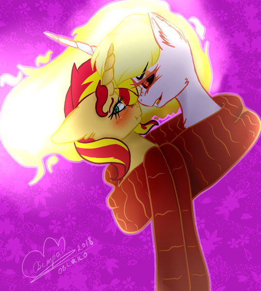 Size: 1264x1413 | Tagged: artist:oblakotv, clothes, cute, daybreaker, derpibooru import, diabreaker, female, lesbian, safe, scarf, shared clothing, shared scarf, shimmerbetes, shipping, sunbreaker, sunset shimmer