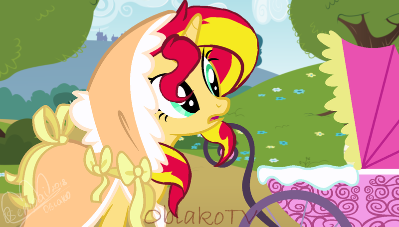 Size: 1559x886 | Tagged: safe, artist:oblakotv, derpibooru import, sunset shimmer, pony, unicorn, clothes, female, mare, solo