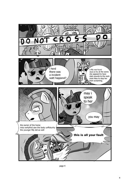 Size: 1024x1448 | Tagged: grimdark, artist:konfettimayhem, derpibooru import, applejack, twilight sparkle, earth pony, pegasus, pony, unicorn, comic:the monster inside of me, comic, crying, female, inadvertent comedy gold, male, mare, monochrome, murder, royal guard, stallion