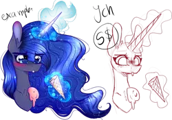 Size: 1024x717 | Tagged: safe, artist:chaospuschel, derpibooru import, princess luna, alicorn, pony, blushing, cute, dropped ice cream, ethereal mane, food, glowing horn, ice cream, lunabetes, magic, simple background, solo, starry mane, telekinesis, tongue out, transparent background