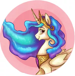 Size: 496x501 | Tagged: safe, artist:inkeed, derpibooru import, princess celestia, alicorn, pony, abstract background, ethereal mane, female, jewelry, looking at you, mare, regalia, smiling, solo, starry mane