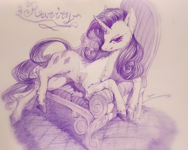 Size: 1024x817 | Tagged: safe, artist:angusdra, derpibooru import, rarity, pony, unicorn, colored pencil drawing, fainting couch, female, looking at you, mare, monochrome, purple, simple background, solo, traditional art, unshorn fetlocks, watermark, white background