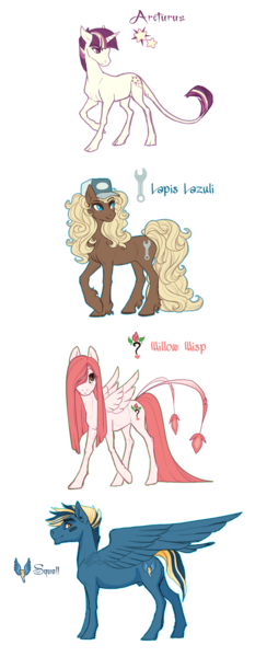 Size: 1303x3206 | Tagged: safe, artist:queerly, derpibooru import, oc, oc:arcturus, oc:lapis lazuli, oc:squall, oc:willow wisp, unofficial characters only, earth pony, pegasus, pony, unicorn, bandaid, cloven hooves, cutie mark, ear piercing, earring, female, hair over one eye, hat, jewelry, leonine tail, magical lesbian spawn, male, mare, next generation, nudity, offspring, parent:applejack, parent:bulk biceps, parent:fluttershy, parent:rainbow dash, parent:rarity, parent:spitfire, parent:sunburst, parent:twilight sparkle, parents:flutterbulk, parents:rarijack, parents:spitdash, parents:twiburst, peacock feathers, piercing, reference sheet, sheath, simple background, spread wings, stallion, transparent background, unshorn fetlocks, wings