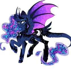Size: 526x521 | Tagged: safe, artist:mscreepyplaguedoctor, derpibooru import, princess luna, alicorn, pony, bat wings, curved horn, cutie mark, ethereal mane, eyeshadow, jewelry, leonine tail, looking at you, makeup, pixel art, redesign, regalia, simple background, smiling, solo, spread wings, starry mane, tail feathers, white background, wings