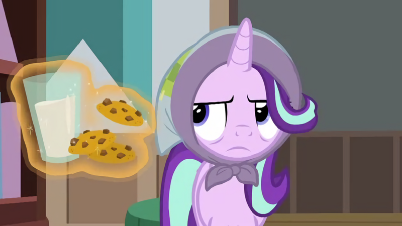 Size: 1280x720 | Tagged: safe, derpibooru import, screencap, starlight glimmer, pony, unicorn, the parent map, cookie, female, food, headscarf, magic, mare, milk, milk and cookies, scarf, solo, starlight is not amused, telekinesis, unamused