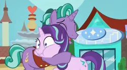 Size: 1658x920 | Tagged: safe, derpibooru import, screencap, firelight, starlight glimmer, pony, unicorn, the parent map, choking, duo, eyes closed, father and daughter, female, male, mare, puffy cheeks, scrunchy face, stallion