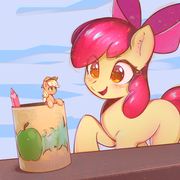 Size: 2800x2800 | Tagged: safe, artist:mirroredsea, derpibooru import, apple bloom, applejack, earth pony, pony, adorabloom, appletini, blushing, bow, cute, female, filly, hair bow, high res, mare, micro, size difference, smiling