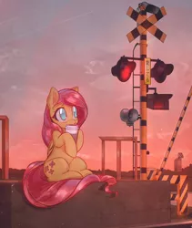 Size: 3300x3909 | Tagged: safe, artist:mirroredsea, derpibooru import, fluttershy, pegasus, pony, blushing, coffee, coffee cup, cup, cute, female, holding, hoof hold, looking up, mare, outdoors, railroad crossing, shyabetes, sitting, sky, solo, sunrise
