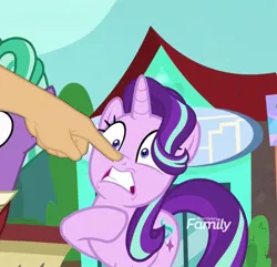 Size: 1113x1073 | Tagged: safe, derpibooru import, edit, edited screencap, screencap, firelight, starlight glimmer, pony, unicorn, the parent map, boop, boop edit, cropped, disembodied hand, female, finger, hand, hoof on chest, mare, non-consensual booping, solo focus