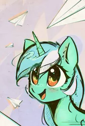 Size: 2050x3046 | Tagged: safe, artist:mirroredsea, derpibooru import, lyra heartstrings, pony, unicorn, bust, colored sketch, cute, female, lyrabetes, mare, open mouth, paper plane, portrait, smiling, solo