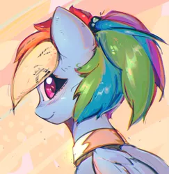 Size: 2381x2454 | Tagged: safe, artist:mirroredsea, derpibooru import, rainbow dash, pegasus, pony, alternate hairstyle, bust, collar, female, looking at you, looking back, looking back at you, mare, ponytail, portrait, simple background, solo