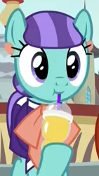 Size: 355x631 | Tagged: safe, derpibooru import, screencap, mixed berry, earth pony, pony, the parent map, :t, background pony, clothes, cropped, cute, cuteaberry, drink, drinking, drinking straw, ear piercing, earring, female, jewelry, mare, piercing, smoothie, solo, sucking