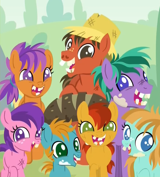 Size: 878x970 | Tagged: safe, derpibooru import, screencap, earth pony, pony, the parent map, ancient pony grain bread, bad teeth, broken teeth, colt, cropped, family, female, filly, hat, male, mare, sire's hollow, stallion, straw hat