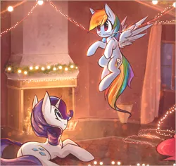 Size: 3000x2835 | Tagged: safe, artist:mirroredsea, derpibooru import, pinkie pie, rainbow dash, rarity, pegasus, pony, unicorn, chimney, christmas, christmas lights, curtains, cute, dashabetes, duo, eye clipping through hair, female, fire, fireplace, flying, holiday, horn, looking up, mare, raribetes, sitting, smiling, window, wings